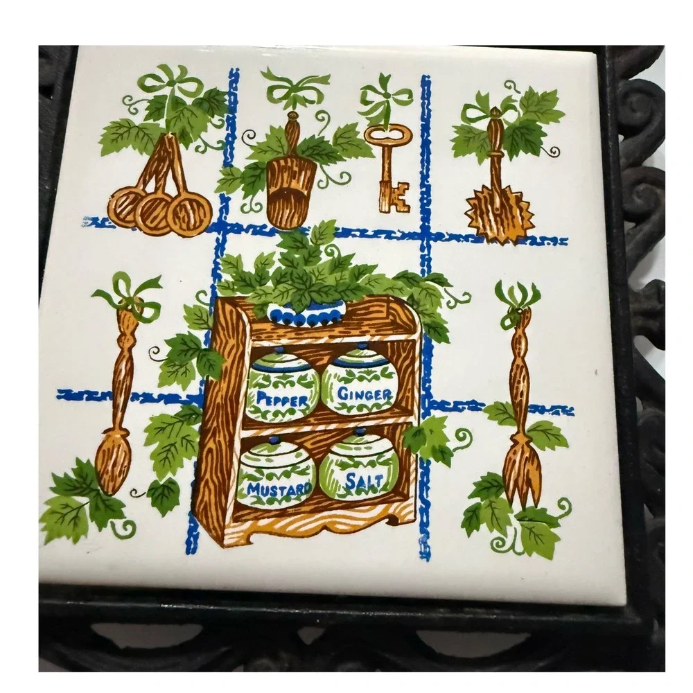 VTG Cherry MCM Ceramic Tile Cast Iron Trivet Kitchen Japan Excellent Condition!